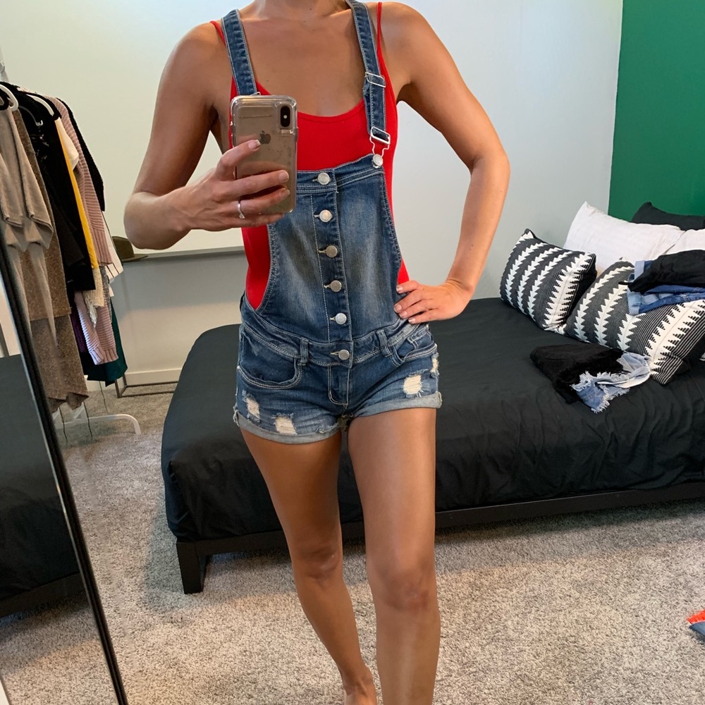 Distressed jean shorts overalls